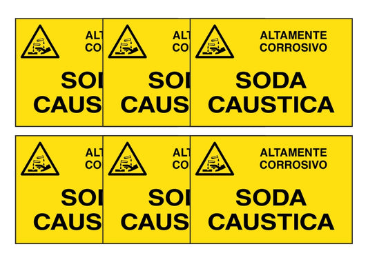 KIT DI 6 ADESIVI RETTANGOLARI - SODA CAUSTICA - Pittogramma ISO 7010 Con Stampa Diretta U.V. (IDEALE ANCHE PER ESTERNO)