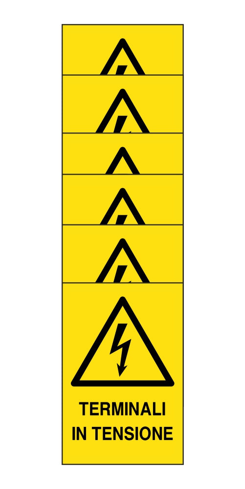KIT DI 6 ADESIVI RETTANGOLARI - terminali in tensione - Pittogramma ISO 7010 Con Stampa Diretta U.V. (IDEALE ANCHE PER ESTERNO)