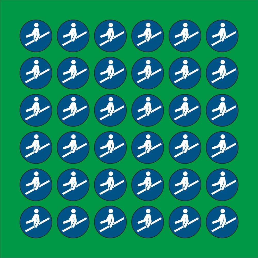 PACCO DA 6 KIT DI 6 ADESIVI ROTONDI - usare il corrimano - Pittogramma ISO 7010 Con Stampa Diretta U.V.