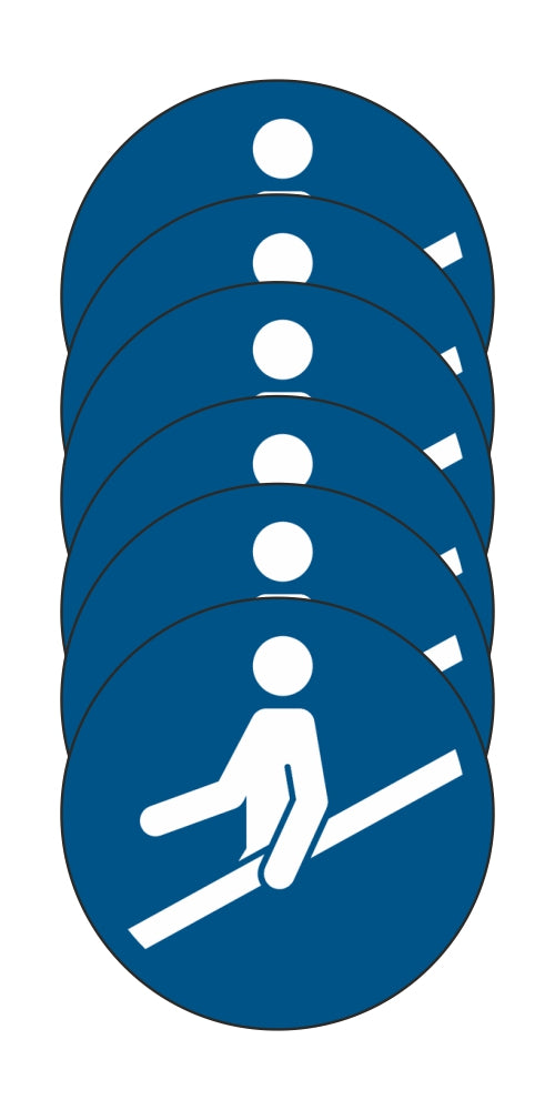 GLOBAL KIT DI 6 ADESIVI ROTONDI - usare il corrimano - Pittogramma ISO 7010 Con Stampa Diretta U.V. (IDEALE ANCHE PER ESTERNO)