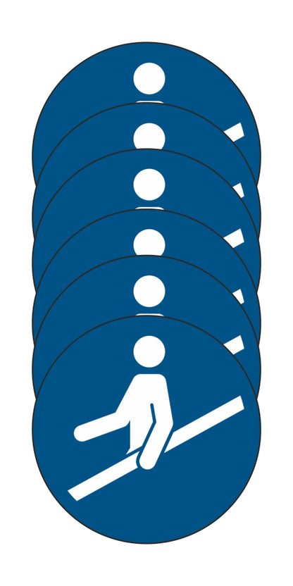 GLOBAL KIT DI 6 ADESIVI ROTONDI - usare il corrimano - Pittogramma ISO 7010 Con Stampa Diretta U.V. (IDEALE ANCHE PER ESTERNO)