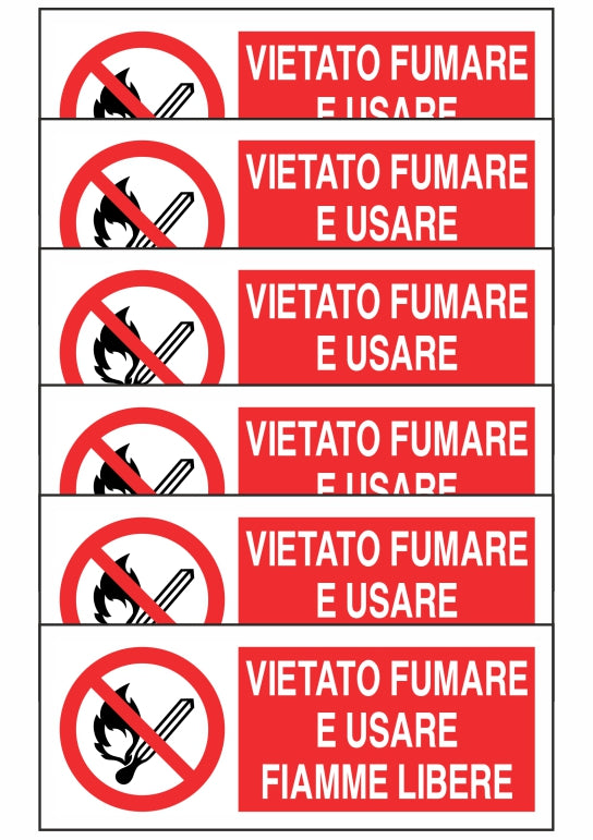 GLOBAL KIT DI 6 ADESIVI UNI - VIETATO FUMARE E USARE FIAMME LIBERE - Pittogramma ISO 7010 Con Stampa Diretta U.V. (IDEALE ANCHE PER ESTERNO)