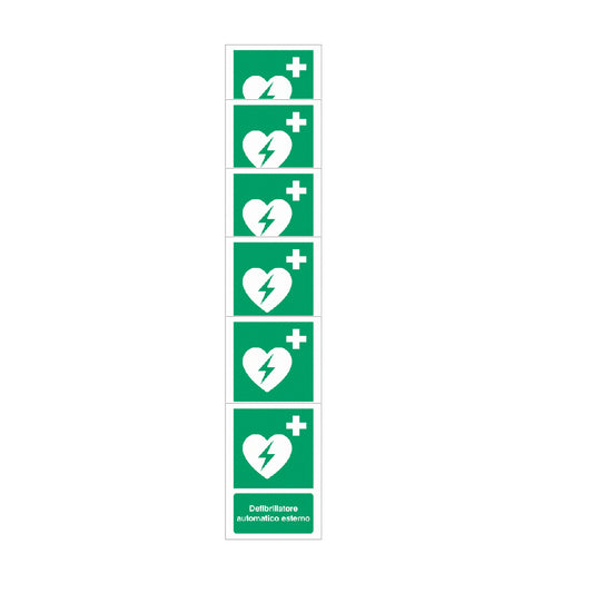KIT DI 6 ADESIVI -  "Defibrillatore automatico esterno" - Pittogramma ISO 7010 Con Stampa Diretta U.V. (IDEALE ANCHE PER ESTERNO)