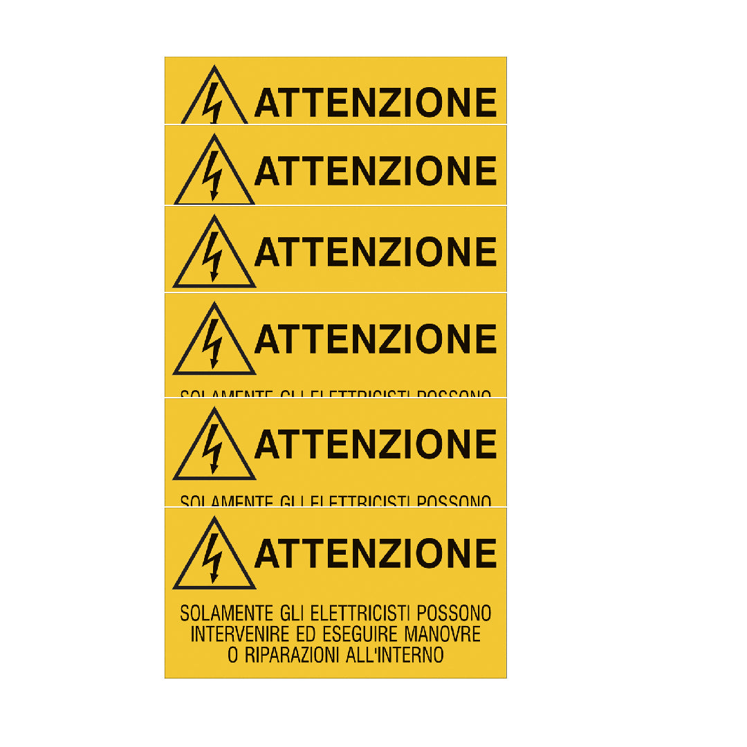 KIT DI 6 ADESIVI - Attenzione - Solamente gli elettricisti possono intervenire - Pittogramma ISO 7010 Con Stampa Diretta U.V. (IDEALE ANCHE PER ESTERNO)