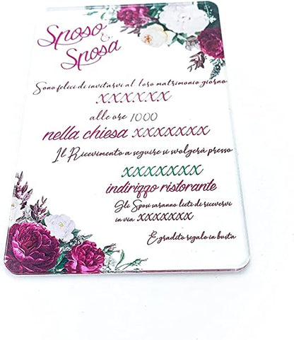 Partecipazioni di Matrimonio Personalizzate IN PLEXIGLASS CON STAMPA AD ALTA QUALITÁ - la tua foto e fiori - completamente PERSONALIZZABILE