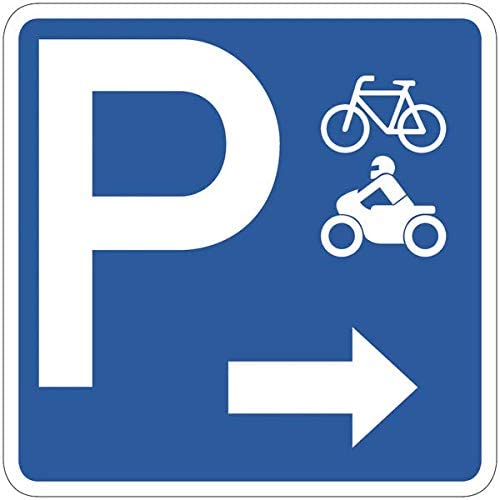 CARTELLO IN LAMIERA SCATOLATA QUADRATO 60X60 cm - Parcheggio biciclette e moto freccia a destra - SEGNALE CATARIFRAGENTE