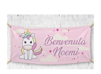 BANNER STRISCIONE NASCITA - Unicorno rosa - CON IL TUO NOME bimbo neonato