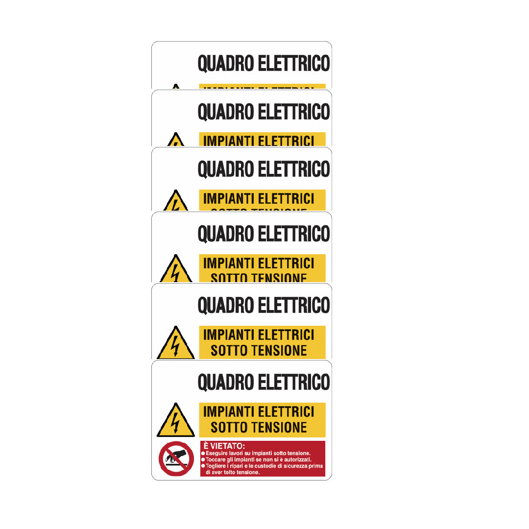 KIT DI 6 ADESIVI -Quadro elettrico - Impianti elettrici sotto tensione- Pittogramma ISO 7010 Con Stampa Diretta U.V. (IDEALE ANCHE PER ESTERNO)