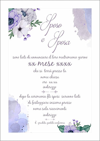 Partecipazioni di Matrimonio Personalizzate IN PLEXIGLASS CON STAMPA AD ALTA QUALITÁ - FIORI VIOLA - completamente PERSONALIZZABILE
