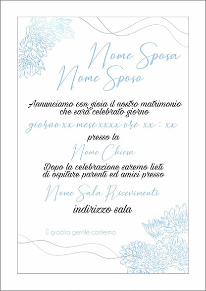 Partecipazioni di Matrimonio Personalizzate IN PLEXIGLASS CON STAMPA AD ALTA QUALITÁ - FIORI AZZURRI - completamente PERSONALIZZABILE