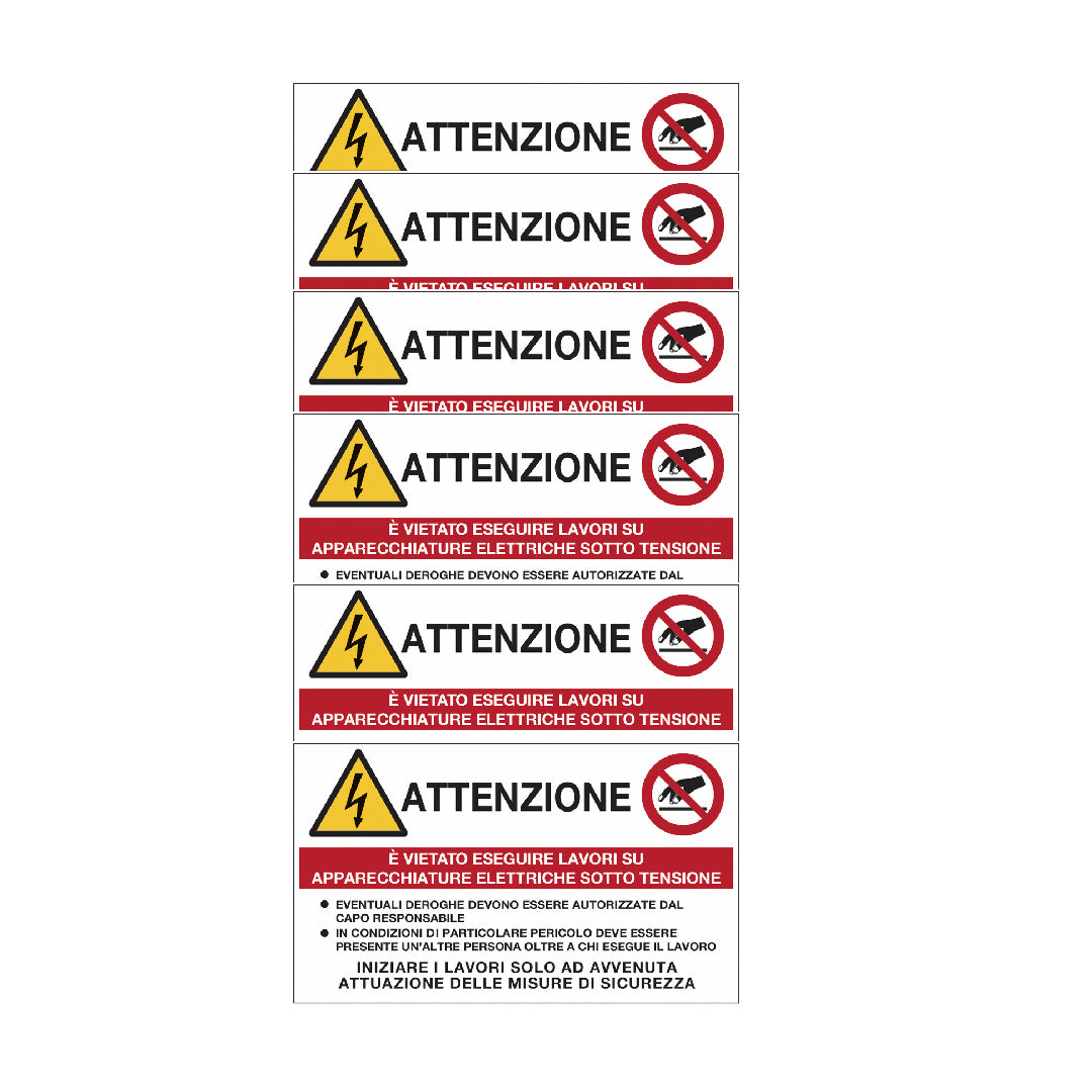 KIT DI 6 ADESIVI -  Adesivi di pericolo elettrico - Attenzione - con testo in italiano- Pittogramma ISO 7010 Con Stampa Diretta U.V. (IDEALE ANCHE PER ESTERNO)