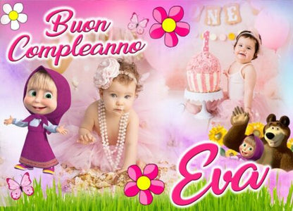 BANNER STRISCIONE compleanno - masha e orso- CON NOME ED ETA' bimba bambina  BIMB