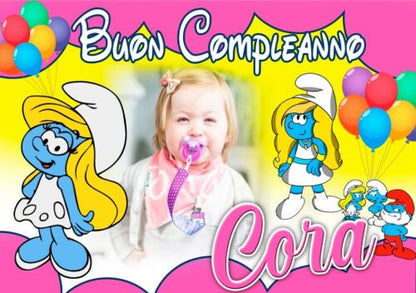 BANNER STRISCIONE compleanno - I Puffi Puffetta - CON NOME foto ed età bimbo/a
