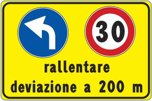 CARTELLO IN LAMIERA SCATOLATA RETTANGOLO 60X40 cm - rallentare deviazione 200 m a sinistra - SEGNALE CATARIFRAGENTE