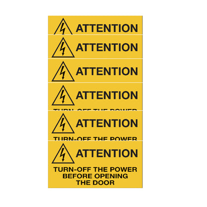 KIT DI 6 ADESIVI - Adesivi di pericolo per quadri elettrici con testo in inglese - Attention - Turn-off the power before opening the door- Pittogramma ISO 7010 Con Stampa Diretta U.V. (IDEALE ANCHE PER ESTERNO)