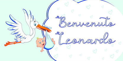 BANNER STRISCIONE NASCITA - Benvenuto con cicogna - CON IL TUO NOME bimbo neonato