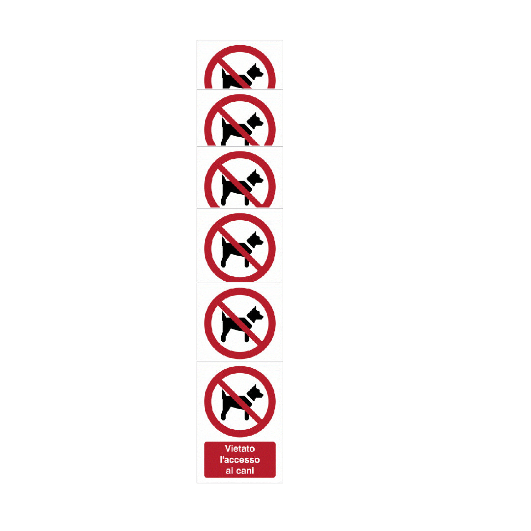 KIT DI 6 ADESIVI -Vietato l'accesso ai cani- Pittogramma ISO 7010 Con Stampa Diretta U.V. (IDEALE ANCHE PER ESTERNO)