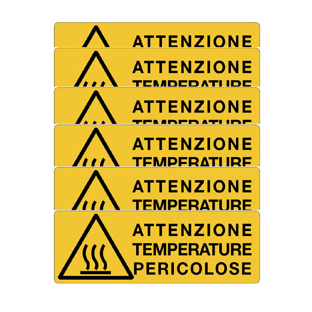 KIT DI 6 ADESIVI UNI - Attenzione temperature pericolose- Pittogramma ISO 7010 Con Stampa Diretta U.V. (IDEALE ANCHE PER ESTERNO)