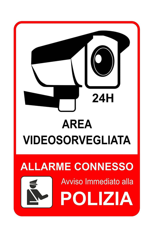 AREA VIDEOSORVEGLIATA ALLARME CONNESSO AVVISO IMMEDIATO ALLA POLIZIA - CARTELLO SEGNALETICO ISO 7010 in Adesivo Resistente, Pannello in Forex, Pannello In Alluminio o in Plexiglas