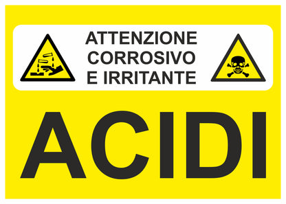 ATTENZIONE CORROSIVI E TOSSICI ACIDI - CARTELLO SEGNALETICO UNI 7010 in Adesivo Resistente, Pannello in Forex, Pannello In Alluminio o in Plexiglas
