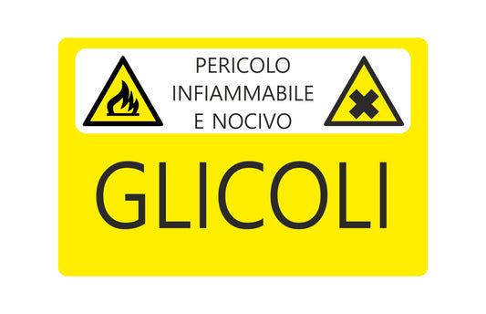 Attenzione infiammabile e nocivo-Glicoli - CARTELLO SEGNALETICO UNI 7010 in Adesivo Resistente, Pannello in Forex, Pannello In Alluminio o in Plexiglas