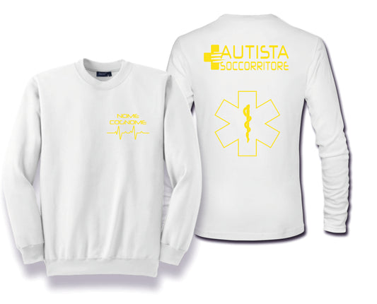 Felpa Girocollo Uomo o Donna Cotone Basic Super vestibilità Top qualità - Autista soccorritore Giallo - Personalizzata con Nome