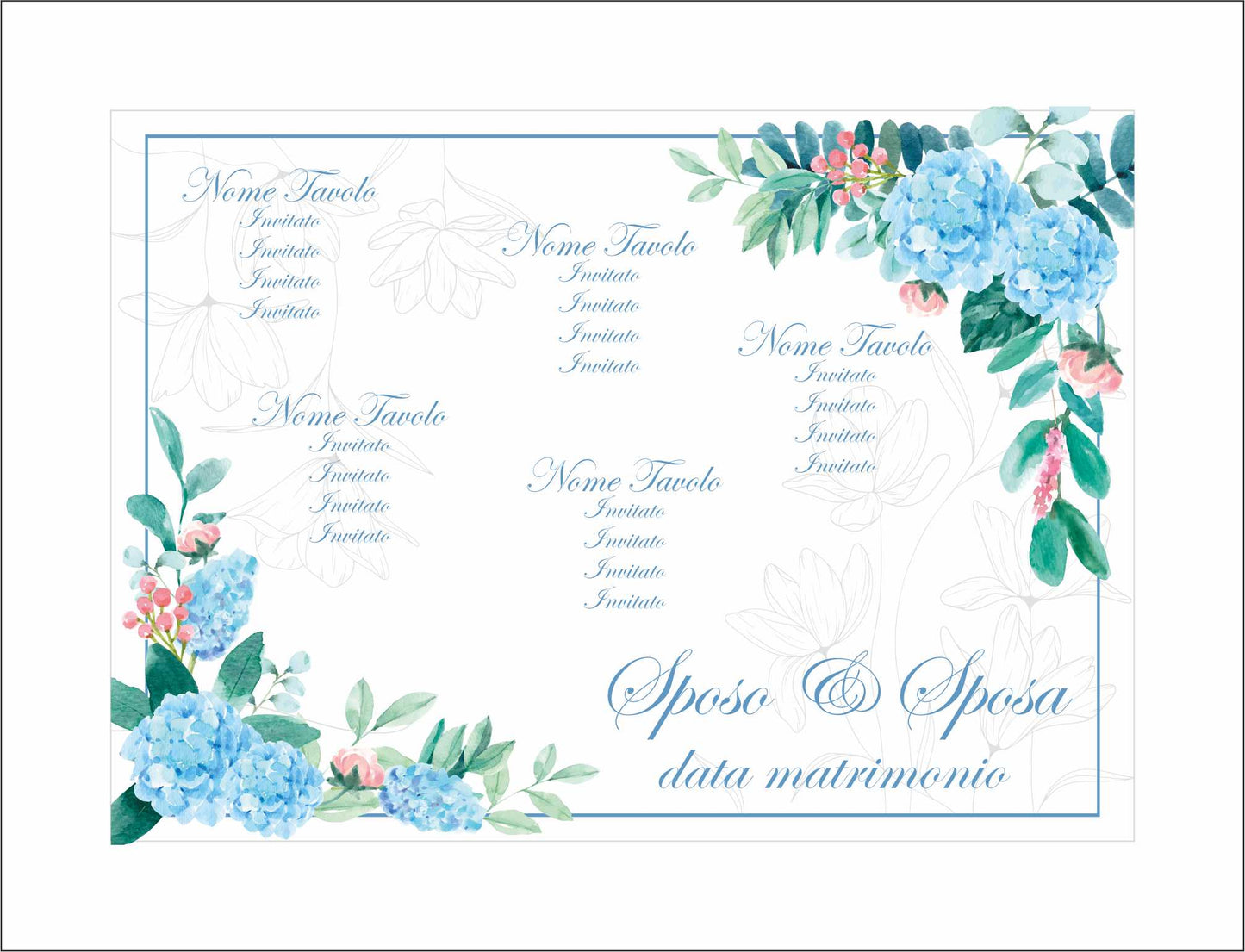 TABLEAU DE MARIAGE IN VARI MATERIALI (PLEXIGLASS) CON STAMPA U.V. AD ALTISSIMA QUALITÁ - PEONIE AZZURRE - completamente PERSONALIZZABILE
