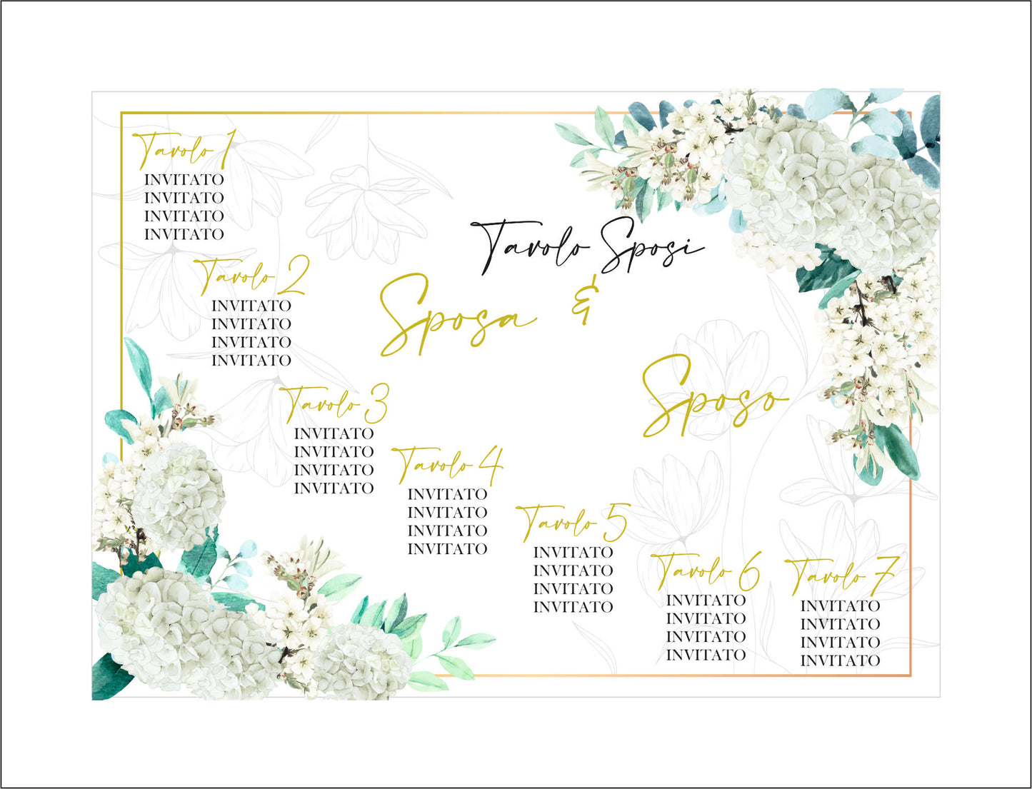 TABLEAU DE MARIAGE IN VARI MATERIALI (PLEXIGLASS) CON STAMPA U.V. AD ALTISSIMA QUALITÁ - PEONIE BIANCHE - completamente PERSONALIZZABILE