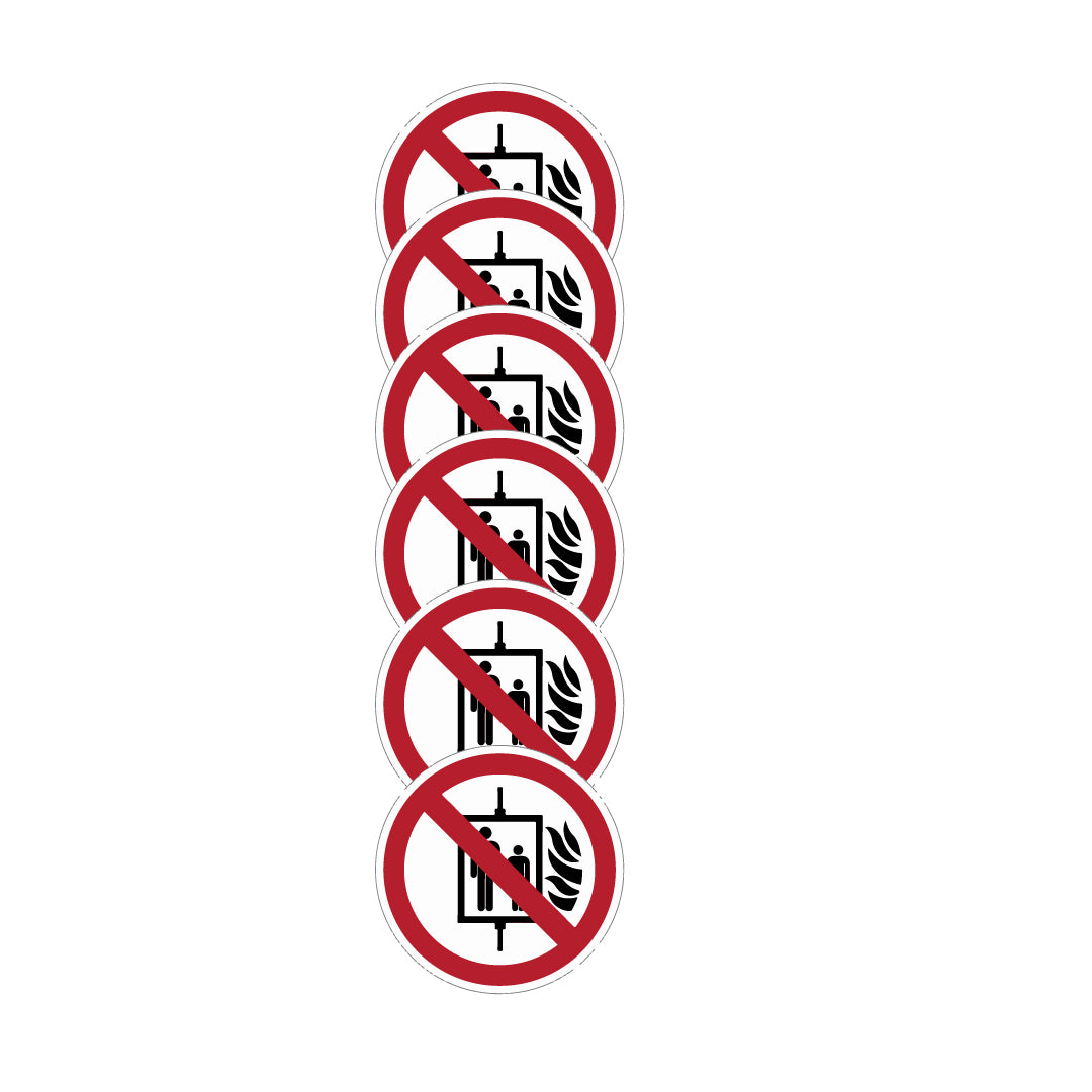 KIT DI 6 ADESIVI -  "Vietato usare l’ascensore in caso di incendio"- Pittogramma ISO 7010 Con Stampa Diretta U.V. (IDEALE ANCHE PER ESTERNO)