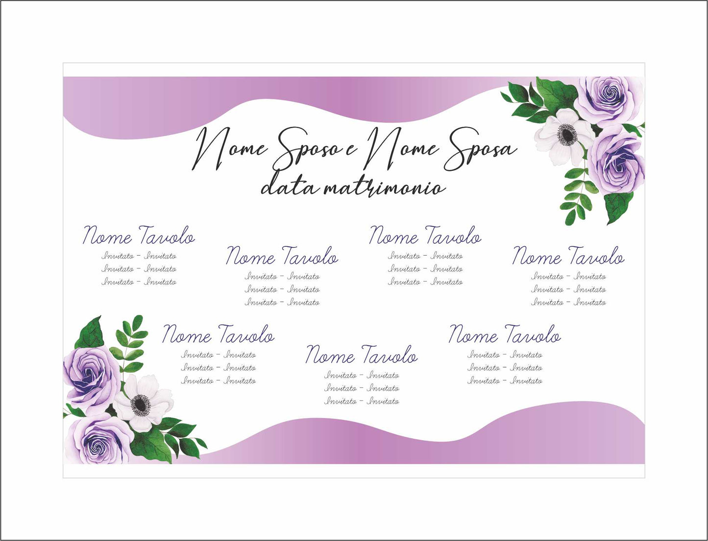 TABLEAU DE MARIAGE IN VARI MATERIALI (PLEXIGLASS) CON STAMPA U.V. AD ALTISSIMA QUALITÁ - ROSE VIOLA - completamente PERSONALIZZABILE
