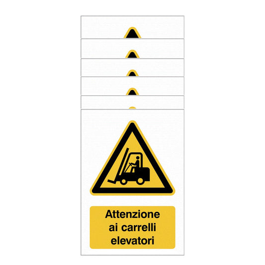 KIT DI 6 ADESIVI - Attenzione ai carrelli elevatori - Pittogramma ISO 7010 Con Stampa Diretta U.V. (IDEALE ANCHE PER ESTERNO)