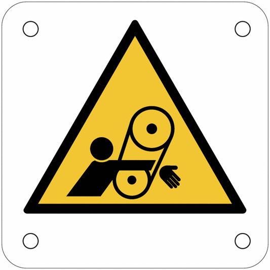 CARTELLO SEGNALETICO QUADRATO ISO 7010 - Rischio di trascinamento del braccio nella cinghia - Adesivo Extra Resistente, Pannello in Forex, Pannello In Alluminio