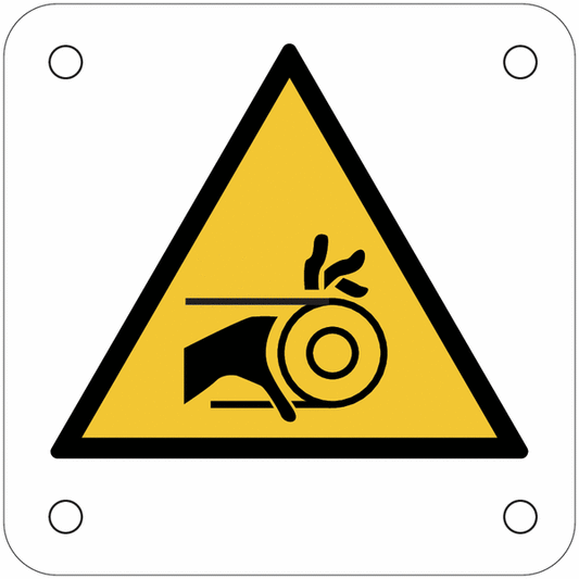 CARTELLO SEGNALETICO QUADRATO ISO 7010 - Rischio di trascinamento della mano nella cinghia - Adesivo Extra Resistente, Pannello in Forex, Pannello In Alluminio