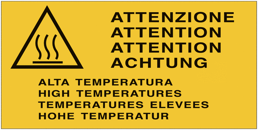 Testo multilingue - Attenzione - Alta temperatura- CARTELLO SEGNALETICO ISO 7010 in Adesivo Resistente, Pannello in Forex, Pannello In Alluminio o in Plexiglas