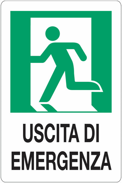 Uscita di emergenza - con uomo che corre a sinistra - CARTELLO SEGNALETICO ISO 7010 in Adesivo Resistente, Pannello in Forex, Pannello In Alluminio o in Plexiglas