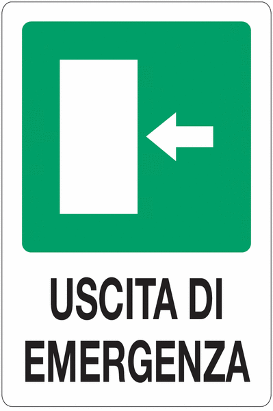 Uscita di emergenza - con freccia a sinistra - CARTELLO SEGNALETICO ISO 7010 in Adesivo Resistente, Pannello in Forex, Pannello In Alluminio o in Plexiglas