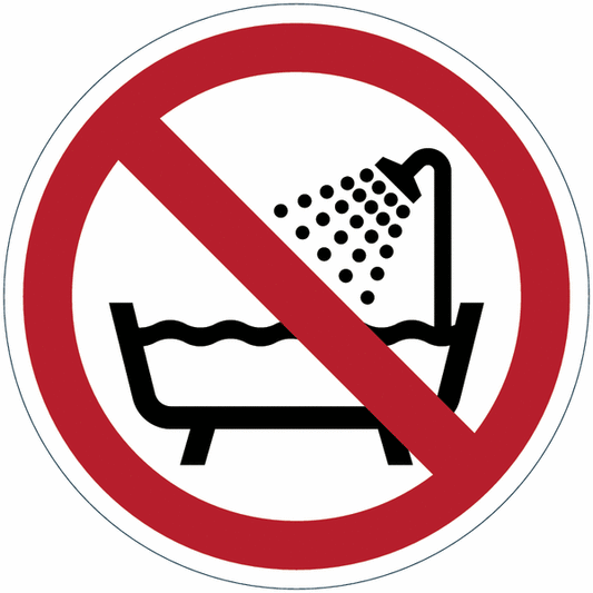 "Non usare il dispositivo in una vasca da bagno, doccia o serbatoio pieno d'acqua" - CARTELLO SEGNALETICO ROTONDO ISO 7010 - Adesivo Extra Resistente, Pannello in Forex, Pannello In Alluminio