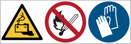 Pericolo batteria, fiamme libere vietate, obbligo guanti- CARTELLO SEGNALETICO UNI 7010 in Adesivo Resistente, Pannello in Forex, Pannello In Alluminio o in Plexiglas