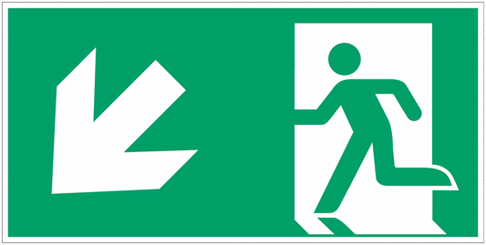 Uomo che corre a sinistra, freccia 45° verso il basso - CARTELLO SEGNALETICO UNI 7010 in Adesivo Resistente, Pannello in Forex, Pannello In Alluminio o in Plexiglas