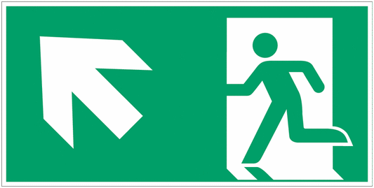 Uomo che corre a sinistra, freccia 45° verso l'alto - CARTELLO SEGNALETICO UNI 7010 in Adesivo Resistente, Pannello in Forex, Pannello In Alluminio o in Plexiglas