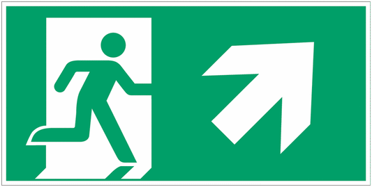 Uomo che corre a destra, freccia 45° in alto - CARTELLO SEGNALETICO UNI 7010 in Adesivo Resistente, Pannello in Forex, Pannello In Alluminio o in Plexiglas