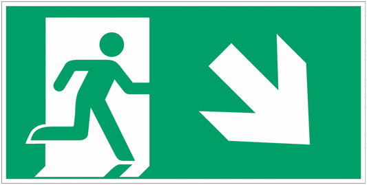 Uomo che corre a destra, freccia 45° verso il basso - CARTELLO SEGNALETICO UNI 7010 in Adesivo Resistente, Pannello in Forex, Pannello In Alluminio o in Plexiglas