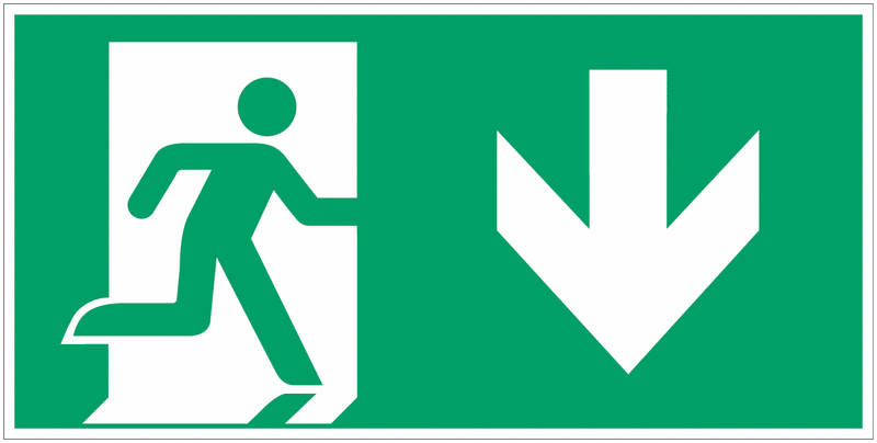Uomo che corre a destra, freccia verso il basso - CARTELLO SEGNALETICO UNI 7010 in Adesivo Resistente, Pannello in Forex, Pannello In Alluminio o in Plexiglas