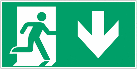 Uomo che corre a destra, freccia verso il basso - CARTELLO SEGNALETICO UNI 7010 in Adesivo Resistente, Pannello in Forex, Pannello In Alluminio o in Plexiglas