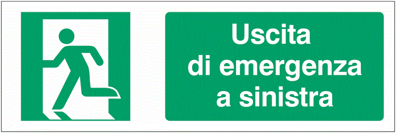 Uscita di emergenza a sinistra - CARTELLO SEGNALETICO UNI 7010 in Adesivo Resistente, Pannello in Forex, Pannello In Alluminio o in Plexiglas