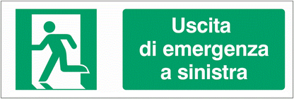 Uscita di emergenza a sinistra - CARTELLO SEGNALETICO UNI 7010 in Adesivo Resistente, Pannello in Forex, Pannello In Alluminio o in Plexiglas