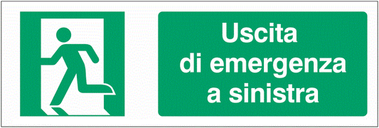 Uscita di emergenza a sinistra - CARTELLO SEGNALETICO UNI 7010 in Adesivo Resistente, Pannello in Forex, Pannello In Alluminio o in Plexiglas