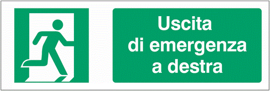 Uscita di emergenza a destra - CARTELLO SEGNALETICO UNI 7010 in Adesivo Resistente, Pannello in Forex, Pannello In Alluminio o in Plexiglas