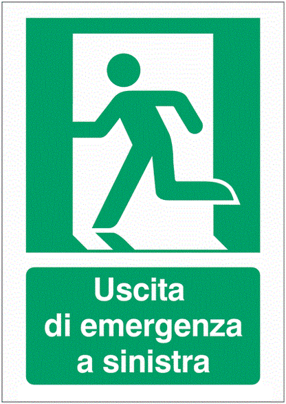 Uscita di emergenza a sinistra - CARTELLO SEGNALETICO ISO 7010 in Adesivo Resistente, Pannello in Forex, Pannello In Alluminio o in Plexiglas