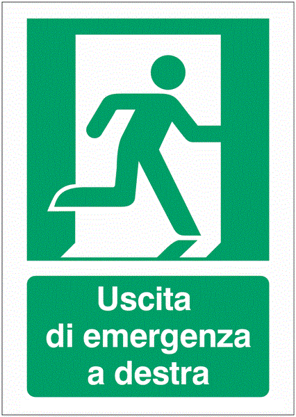 Uscita di emergenza a destra - CARTELLO SEGNALETICO ISO 7010 in Adesivo Resistente, Pannello in Forex, Pannello In Alluminio o in Plexiglas